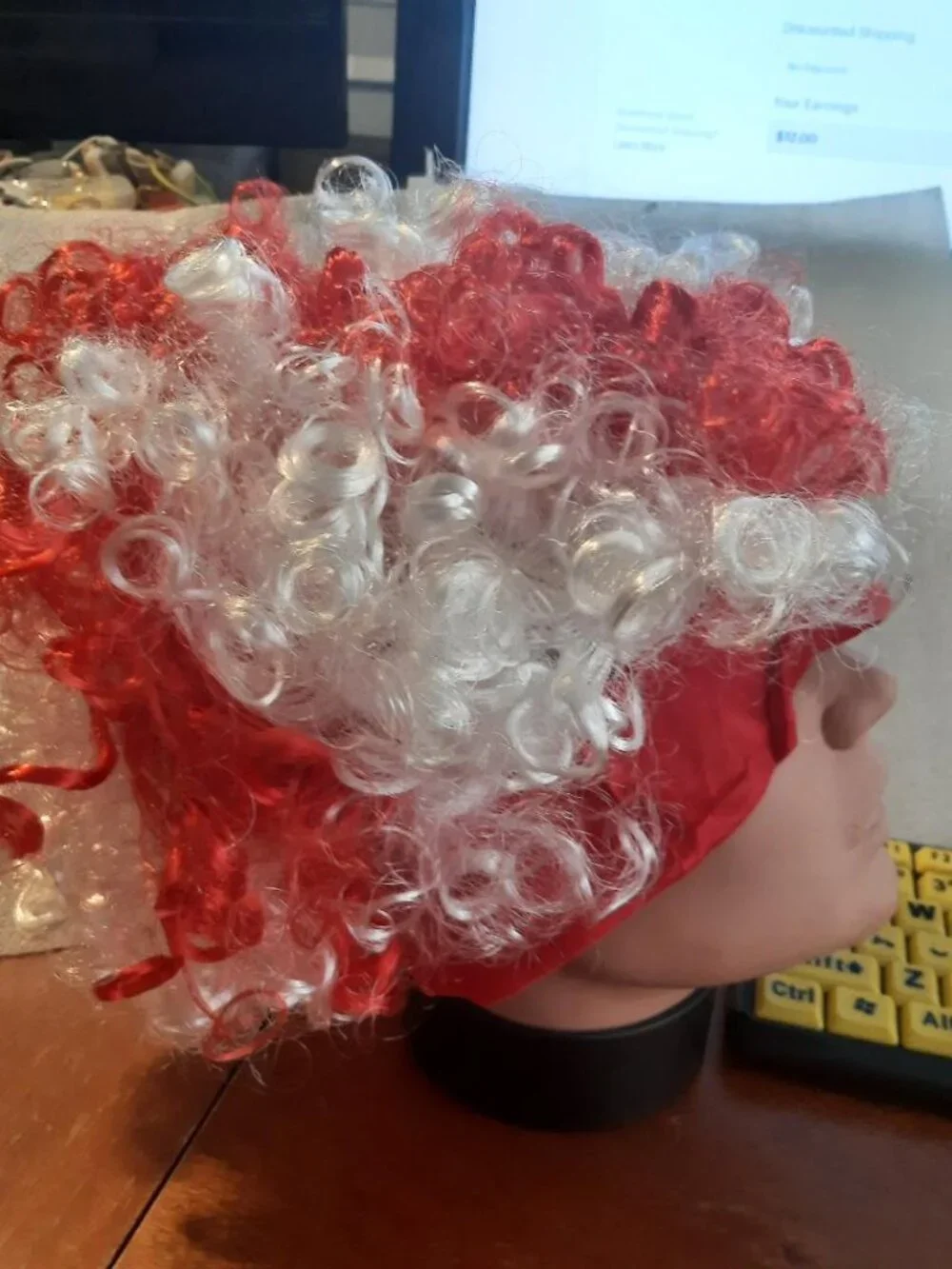 NEW ! Red & White Curly Costume Wig Attached Re Brim/Bonnet for Holiday Dress Up